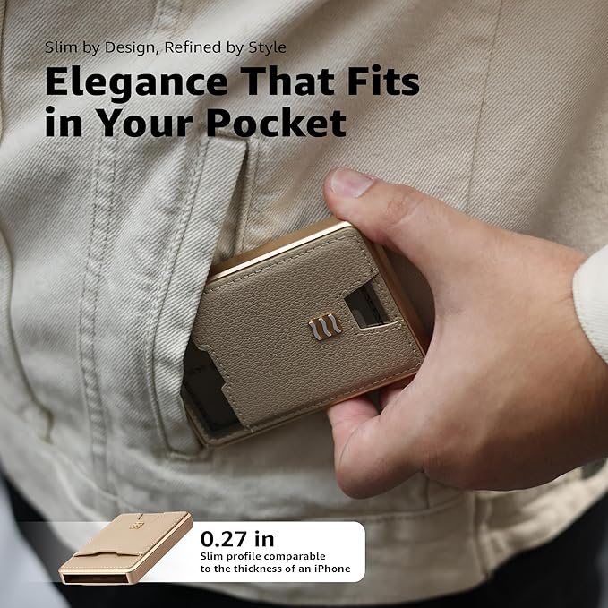 RFID Blocking Wallet, Minimalist Card Holder with Quick Access, Holds 1 to 12 Cards & Cash, Vegan Leather & Brushed Aluminum, Gift-Ready Packaging (Beige)