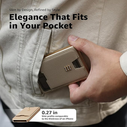 RFID Blocking Wallet, Minimalist Card Holder with Quick Access, Holds 1 to 12 Cards & Cash, Vegan Leather & Brushed Aluminum, Gift-Ready Packaging (Beige)