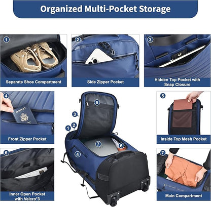 86L Foldable Rolling Duffel Backpack with Wheels - Extra Large Waterproof Travel Bag with Shoe Compartment, Heavy Duty Convertible Luggage for Outdoor, Sports, Airplane Trips