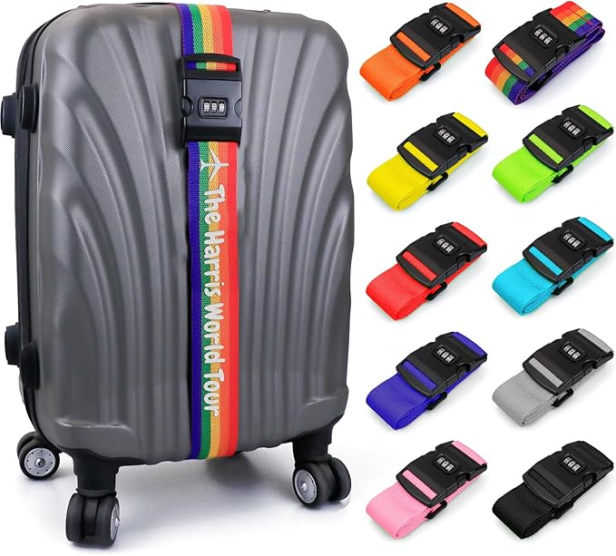 Personalised Luggage Straps with Locks for Suitcases, 1 Pack - Custom Luggage Strap with Name Embroidery, Thick Luggage Belt, Travel Suitcase Identity Straps Stitched, Heavy Duty Lockable Luggage