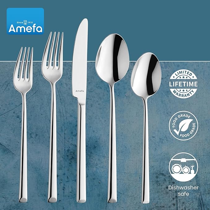 Amefa Metropole 45-Piece Flatware, Set for 8 – Stainless Steel Silverware, Polished Mirror Finish, Ergonomic Rust-Resistant Cutlery, Forks, Knives, Spoons, Salad Forks & Teaspoons for Dining & Parties