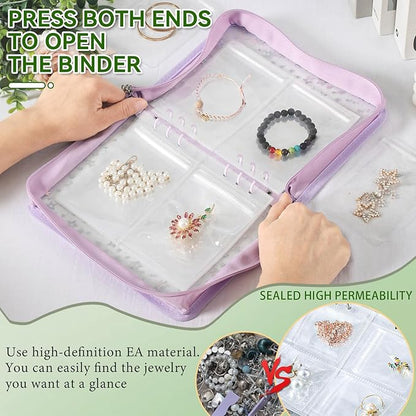 Jewelry Organizer Storage Case Travel Clear Earring Organizer Case Transparent Jewelry Storage Book with Small Clear Zippered Pouch (Purple, with 48 Pcs large Jewelry Pouches)