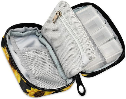 Black Sunflower Travel Pill Organizer Weekly Small (Cute) Pill Box 7 Day Pill Case Vitamin Holder Pill Bottle Organizer