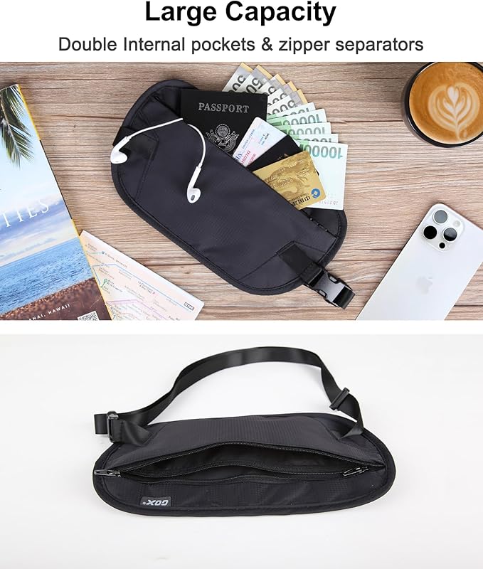 RFID Blocking Money Belt - Slim Under Cloth Passport Holder & Travel Wallet | Secure Hidden Fanny Pack for Men Women (Black-L)