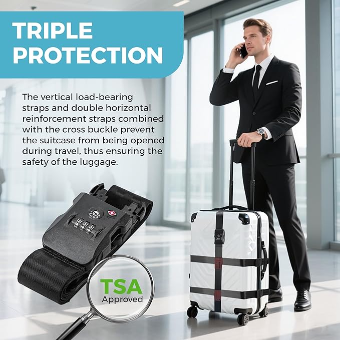 Luggage Straps with TSA Lock, Adjustable Heavy Duty Black Luggage Straps for Suitcase with Reinforced Buckles, Cross Luggage Strap TSA Approved Combination Locks with Name Tags for Travel & Trip