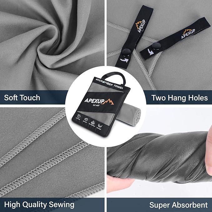 APEXUP Microfiber Travel Towel, Ultra Absorbent Quick Dry Towels, Lightweight Gym Sports Camping Towel for Workout, Yoga, Beach, Shower, Swimming (Combo, Gray)