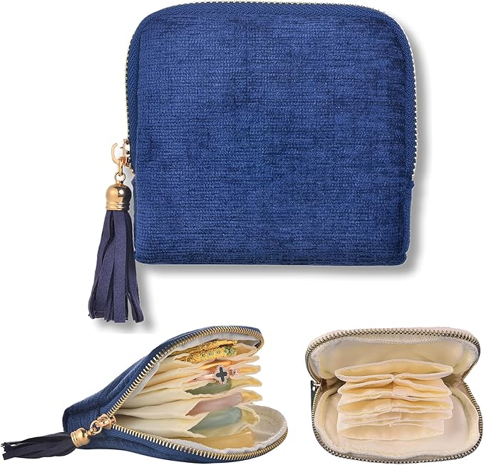 Small Travel Jewelry Case, Soft Velvet Organizer Pouch for Bangle, Bracelets, Large Earrings, Beaded necklace, Anti-Scratch & Portable Jewelry Bag Holder for Travel & Everyday Use (Gem Blue)