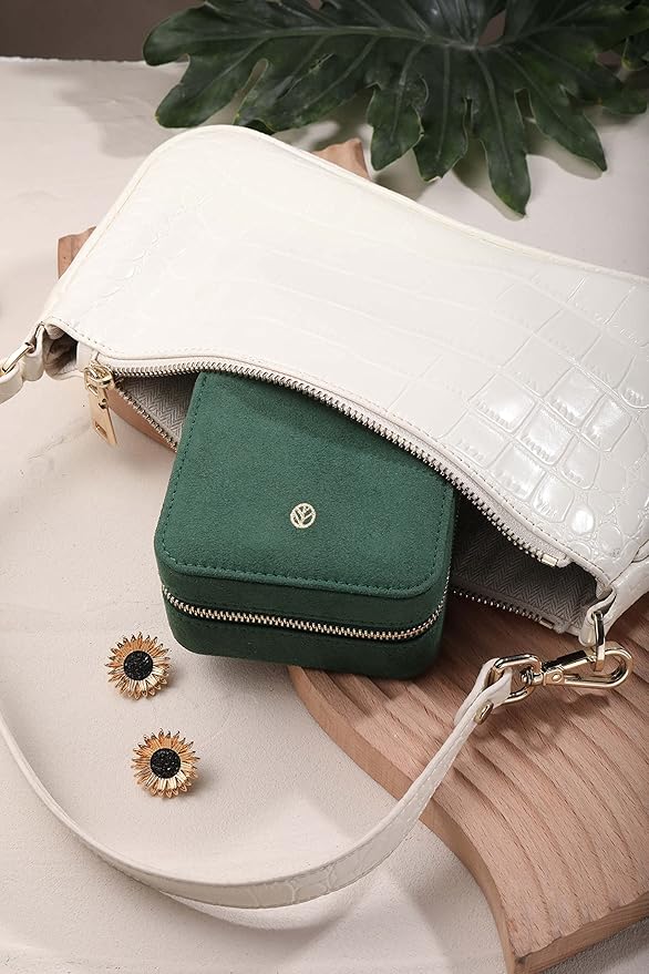 S.Leaf Travel Jewelry Organizer Boxes for Women Small Portable Necklace Earrings Bracelet Rings Travel Case Best Friend Birthday Gifts for Women Trendy (08_Suede_Touch_Emerald)