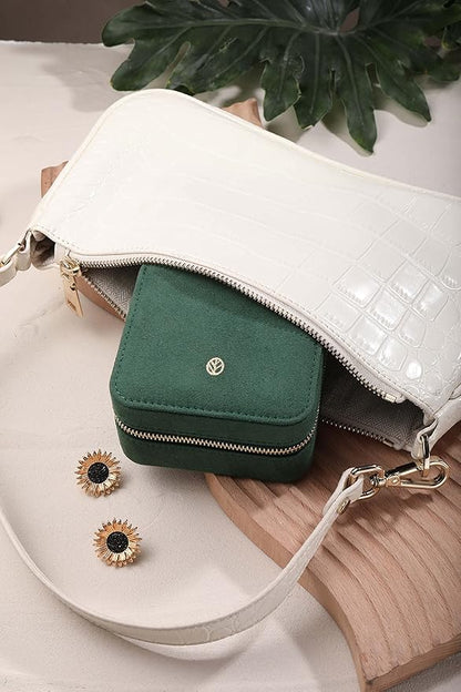 S.Leaf Travel Jewelry Organizer Boxes for Women Small Portable Necklace Earrings Bracelet Rings Travel Case Best Friend Birthday Gifts for Women Trendy (08_Suede_Touch_Emerald)