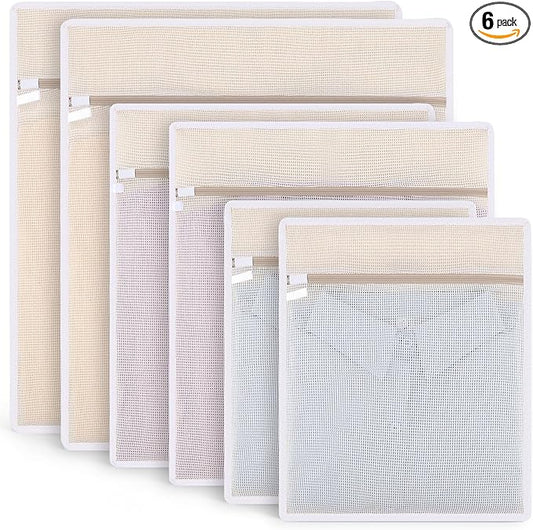 6Pcs Durable Cotton Mesh Laundry Bags for Delicates, 12×16in+16*20in+20*24in Breathable Laundry Mesh Wash Bags with Sturdy Zipper for Delicates, Clothes, Pants, Underwear, Bra, Socks (M+L+XL)