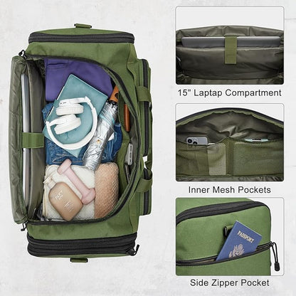 G4Free 3-in-1 Duffle Bag for Travel, Large Gym Duffle Backpack for Men Women with Shoes Compartment and Wet Pocket, Green