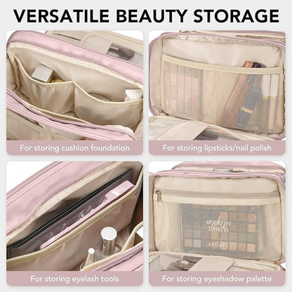 Travel Makeup Bag Women's Large Capacity Cosmetic Portable Organizer Large Opening Waterproof Storage Toiletry Bags Vertical Free-Standing Brush Holder for Easy Access Pink