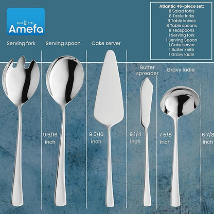 Amefa Atlantic 45-Piece Flatware, Set for 8 – Stainless Steel Silverware, Mirror Finish, Rust-Resistant Durable Cutlery, Forks, Knives, Spoons, Salad Forks & Teaspoons for Dining & Entertaining