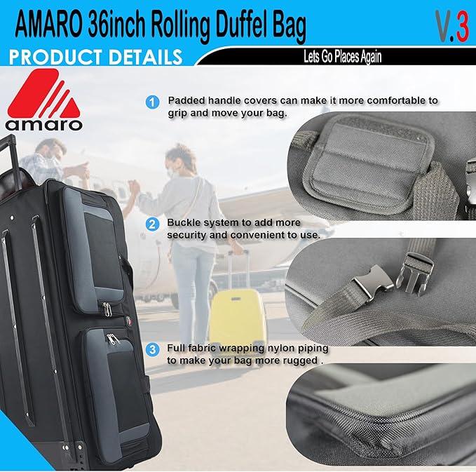AMARO 36-Inch Rolling Duffle Bag with Wheels and Handle – Extra Large Travel Luggage with Multiple Compartments and Durable Polyester – Black/Grey