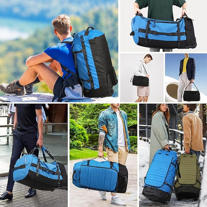 Vomgomfom 86L Collapsible Wheeled Luggage With Removable Backpack Straps,Waterproof Rolling Duffle Bag with Quilted Base,No Telescope Handle,Blue