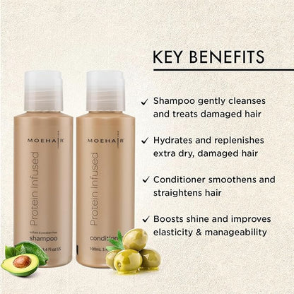 Moehair Travel Sized Toiletries (Protein-Infused Shampoo & Conditioner) | Travel Shampoo and Conditioner Set | Repairs Damaged Hair | Sulfate, Paraben-Free Haircare For All Hair Types (3.4 Fl.Oz)