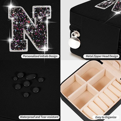 Personalized Jewelry Case for Women Girls - Fashion Mini Jewelry Boxes - Trendy Travel Jewelry Organizer with Initials Letter - Teen Gifts | Black,N