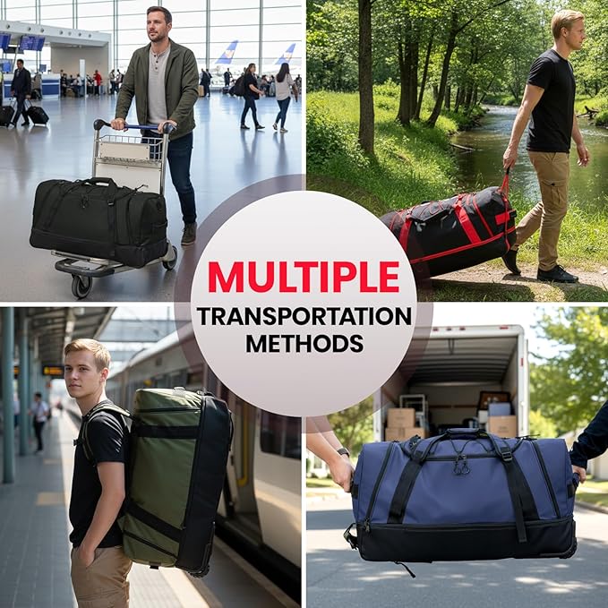 Fanwoli 85L 100L Large Rolling Duffle Bag with Shoes Compartment, 30’’ Expandable & Foldable Heavy Duty Water Resistant Travel Backpack, Convertible Foldable Duffel for Gym Camping Weekender