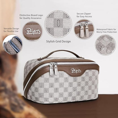 BOYATU Travel Makeup Bag Cosmetic Bags for Women: Large Make up Bags Set of 3 - Portable Makeup Organizer with Compartments&Handle&Divider - Waterproof PU Leather Toiletry Bag(C-1-Light Brown)