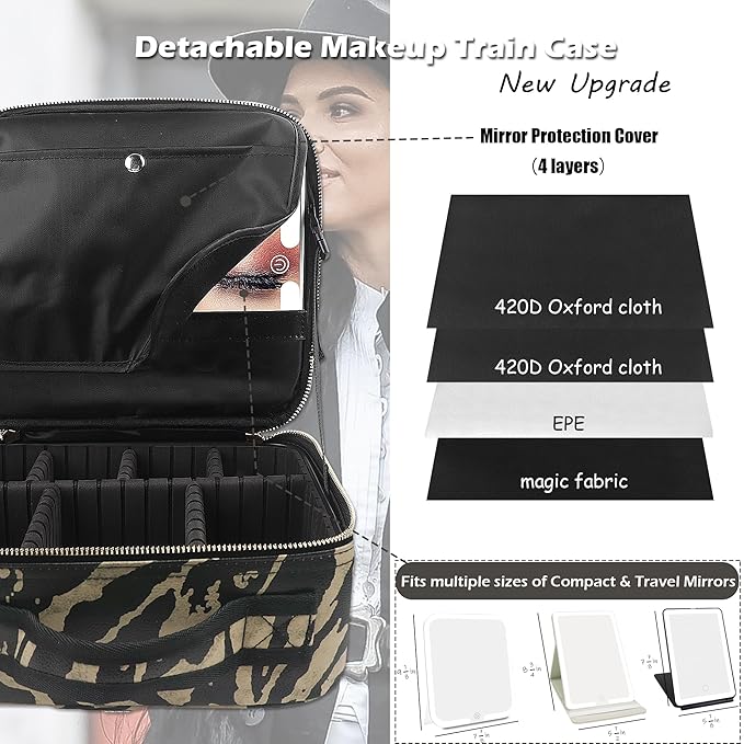 MOMIRA Travel Makeup Bag Cosmetic Bag with Lighted Mirror, Adjustable Brightness in 3 Color Scenarios, Waterproof, 10x Magnifying Mirror, Rotatable Independent Light Mirror- Zebra-Beige