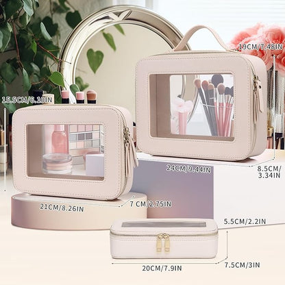 Pinkmik Clear Makeup Bag with Brush Bag 3pcs Waterproof Travel Case for Cosmetics and Toiletries Women's Makeup Organizer with Zipper (Beige, L+M+SLIM)