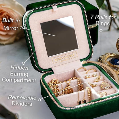 Benevolence LA Plush Velvet Jewelry Box | Travel Jewelry Case Organizer with Mirror | Featured in Oprah's Favorite Things | Best Gifts For Daughter, Girlfriend, Mom | Gifts For Her - Emerald