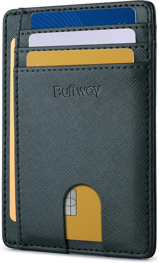 Buffway Slim Minimalist Front Pocket RFID Blocking Leather Wallets for Men and Women - Cross Blackish Green