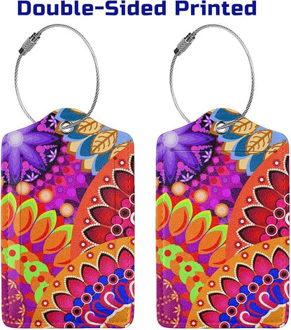 Colorful Mandala Style Luggage Tags Bright Red Bag Tag with Full Back Privacy Cover Name ID Card Stainless Steel Loop Suitcase Labels Address Card PU Leather Baggage Tags Luggage for Travel, 2 Pcs