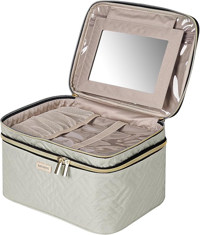 8.8L Double Layer Travel Makeup Bag With Mirror For Women, Large Cosmetic Case, Organizer for Travel-Size Accessories Bottles, Brushes,and Skin Care Products, 2.33 GAL, Beige