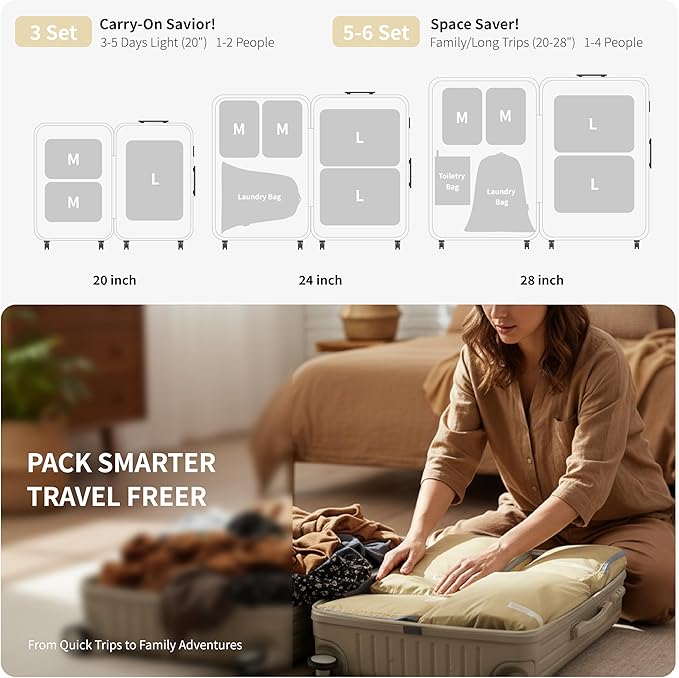 Cipway Compression Packing Cubes for Travel Ultralight Expandable Packing Organizers with Laundry & Toiletry Bag for Carry on Luggage (Vanilla Cream 6 Set)