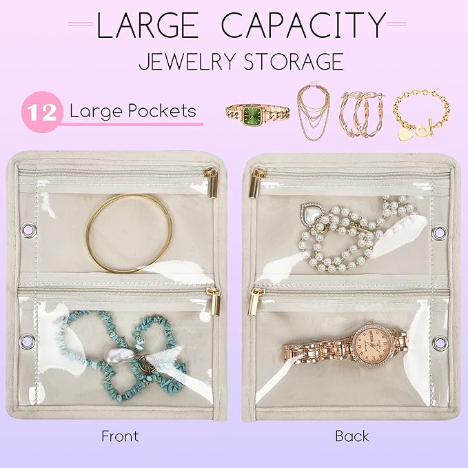 Travel Jewelry Organizer Case,Small Jewelry Bags for Traveling, Jewelry Binder with 24 Pcs Clear Zipper Velvet Pouches (Inner Pages,Beige,3 PCS)