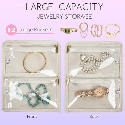 Travel Jewelry Organizer Case,Small Jewelry Bags for Traveling, Jewelry Binder with 24 Pcs Clear Zipper Velvet Pouches (Inner Pages,Beige,3 PCS)