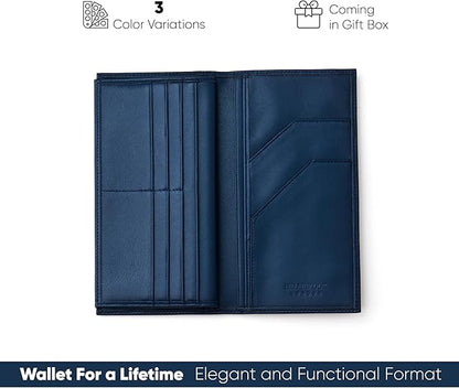 Passport Holder Travel Wallet for Men & Women, RFID Handcrafted Full Grain Leather Cover, 12 Card Slots & 4 Compartments, Gift Box & Pouch, Navy Blue