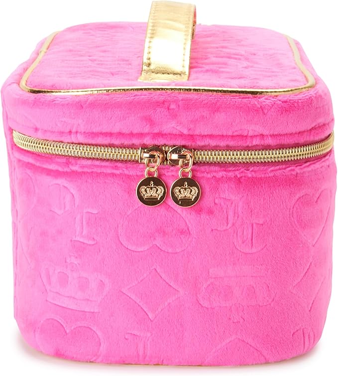 Juicy Couture Hot Pink Makeup Bag Cosmetics Organizer Travel Essentials Train Case Velour Heart Crown
