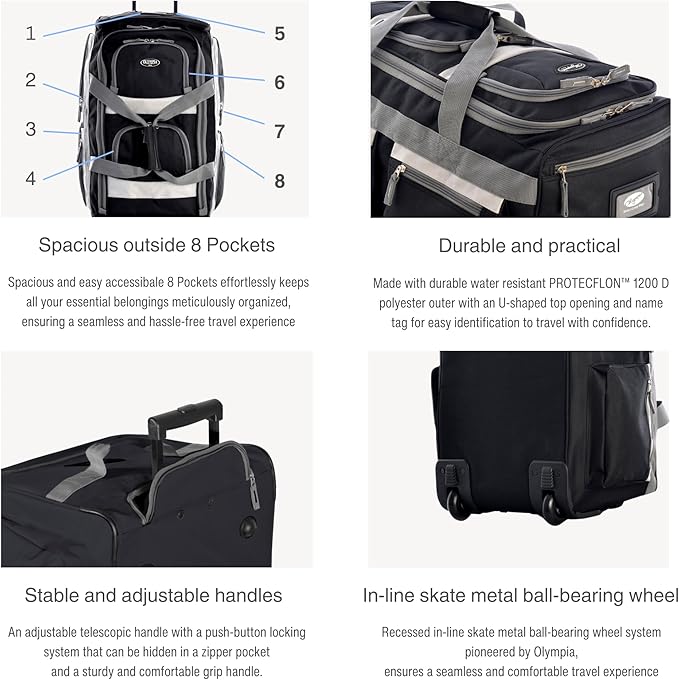 Olympia U.S.A. 33 inch Jumbo Size 8 Pockets Wheeled Rolling Duffel Bag Water Resistant Luggage Lightweight Travel Suitcase with Retractable Handle