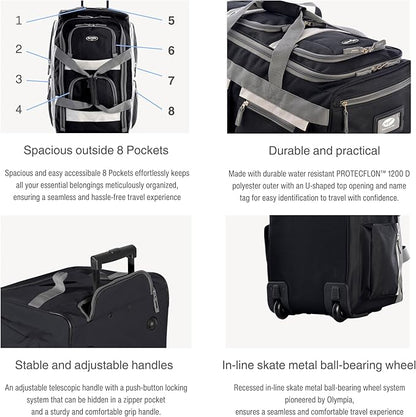 Olympia U.S.A. 33 inch Jumbo Size 8 Pockets Wheeled Rolling Duffel Bag Water Resistant Luggage Lightweight Travel Suitcase with Retractable Handle