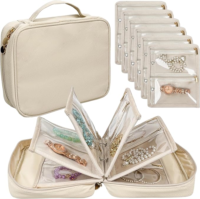 Travel Jewelry Organizer Case,Jewelry Bags for Traveling, Jewelry Binder with 24 Pcs Clear Zipper Velvet Pouches for Storing Earrings, Rings, Necklace, Bracelet, Watch (Beige)