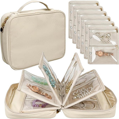 Travel Jewelry Organizer Case,Jewelry Bags for Traveling, Jewelry Binder with 24 Pcs Clear Zipper Velvet Pouches for Storing Earrings, Rings, Necklace, Bracelet, Watch (Beige)