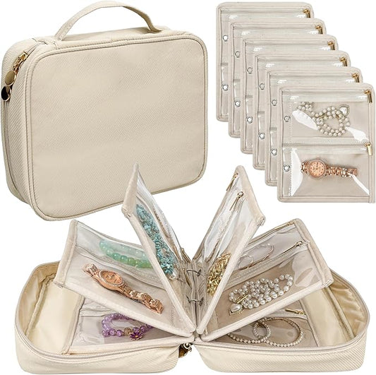 Travel Jewelry Organizer Case,Jewelry Bags for Traveling, Jewelry Binder with 24 Pcs Clear Zipper Velvet Pouches for Storing Earrings, Rings, Necklace, Bracelet, Watch (Beige)
