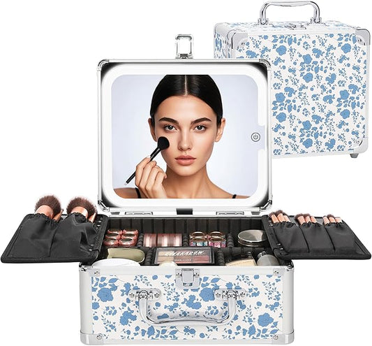 Relavel Makeup Bag with LED Mirror, Makeup Box Travel Train Case with Rechargeable Lighted Mirror, Cosmetic Brush Organizer Storage for Makeup Artists Gifts for Women and Girls, Floral Print