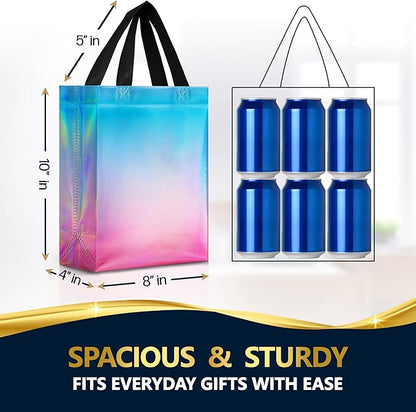 Nush Nush Aqua to Pink Gift Bags With Holographic Finish - Set of 60 Reusable Gift Bags Bulk Medium Size - Perfect Party Favor Bag Set For Small Business, Birthday, Bridal Shower, Events - 8Wx4Dx10H