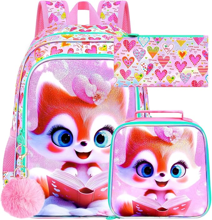 WZLVO 3PCS Girls Fox Backpack Set, 16" Glittery UV Printing Kids Bookbag/School Bag with Lunch Box & Pencil Bag for Preschool to Elementary - Reading Fox Pink