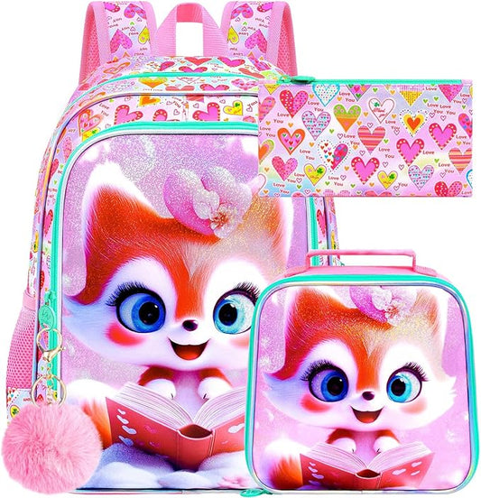 WZLVO 3PCS Girls Fox Backpack Set, 16" Glittery UV Printing Kids Bookbag/School Bag with Lunch Box & Pencil Bag for Preschool to Elementary - Reading Fox Pink
