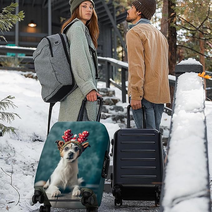 ANNA QUEEN Christmas Dog Luggage Cover, Cute Puppy with Reindeer Antlers Suitcase Protector, Washable Stretchable Travel Sleeve for 20-22 Inch Luggage