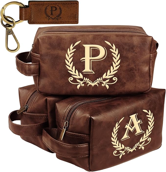 Leather Toiletry Bag Men Personalized Waterproof Shaving Bag, Travel Gift for Men Women with Initials A-Z - DarkBrown(P)