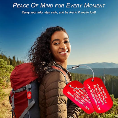 High Visibility Durable Anodized Aluminum Personalized Luggage Tag - 2 Pack, Customizable Travel ID Tag for Luggage, Golf Bags & More - Custom Luggage Tag (Red)