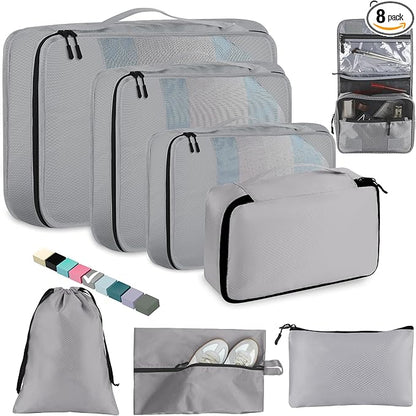 8-Piece Packing Cubes for Travel, Mesh Luggage Organizers with Shoe Bag, Toiletry Bag, Laundry Pouches, 4 Sizes (XL/L/M/S) for Suitcase Organization, Men Women Kids, Gray