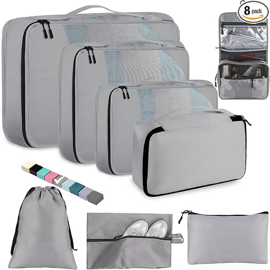 8-Piece Packing Cubes for Travel, Mesh Luggage Organizers with Shoe Bag, Toiletry Bag, Laundry Pouches, 4 Sizes (XL/L/M/S) for Suitcase Organization, Men Women Kids, Gray