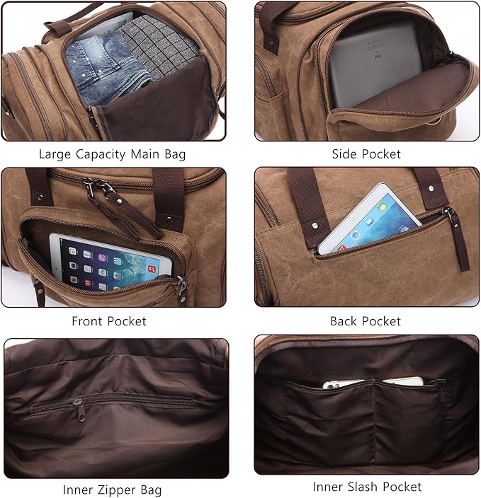 Travel bag large capacity men's luggage bag, expandable canvas leather 55 liters large capacity weekend hiking waterproof(green)