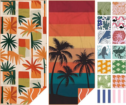 Eunzel 2 Pack Microfiber Beach Towel, Quick Dry Travel Towel Large Sand Free Towel for Beach, Camping, Swim Pool, Gym, Sports& Yoga 71"x32", Retro Tropics/Tropical Sunset